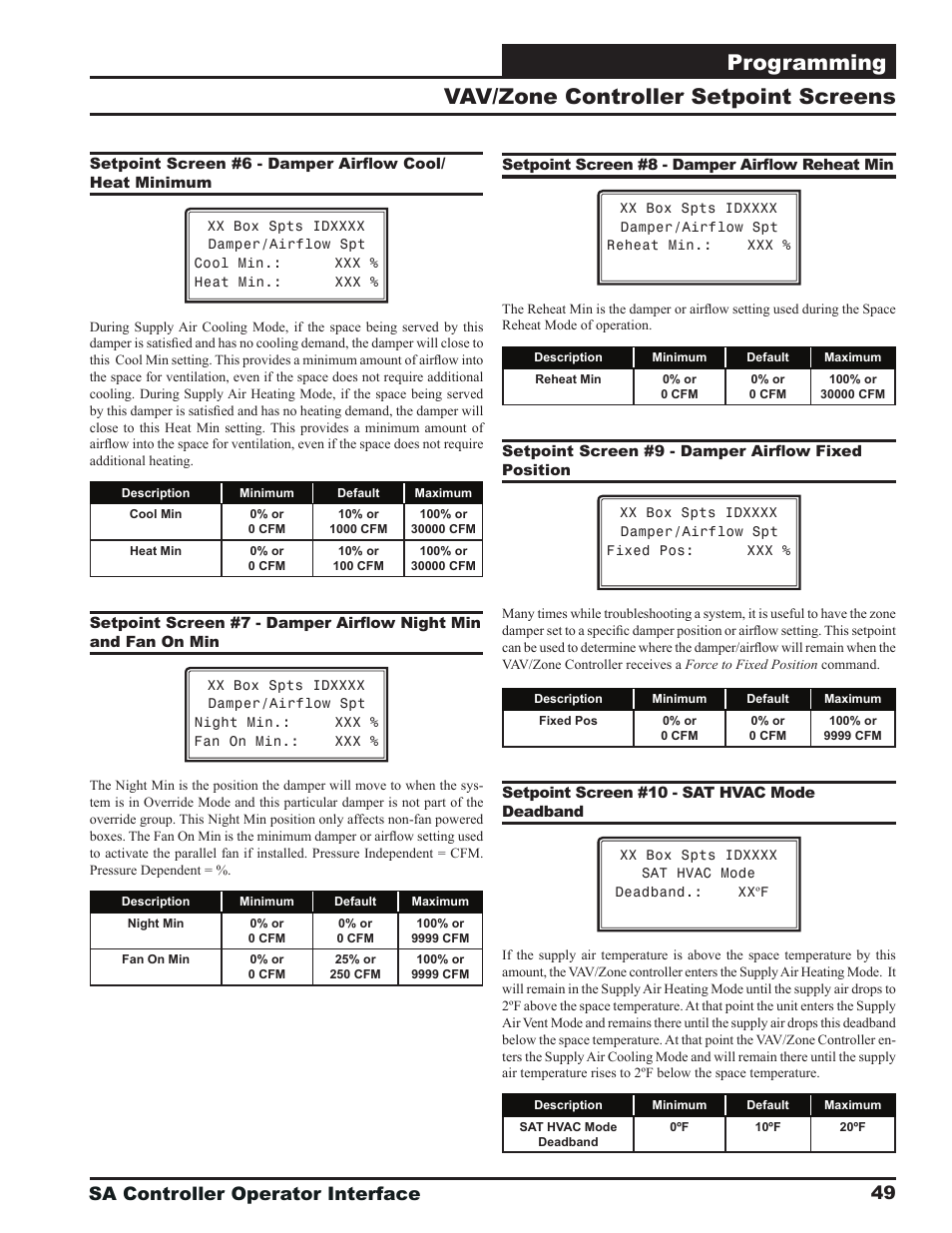 Programming, Vav/zone controller setpoint screens, Sa controller operator interface | Orion System SA Controller User Manual | Page 49 / 68