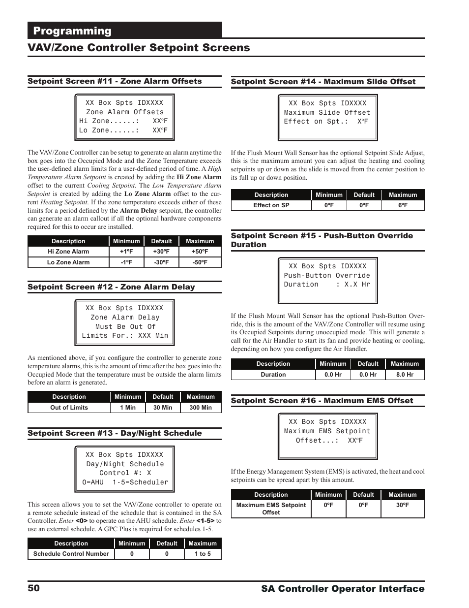 Programming, Vav/zone controller setpoint screens, Sa controller operator interface 50 | Zone | Orion System SA Controller User Manual | Page 50 / 68