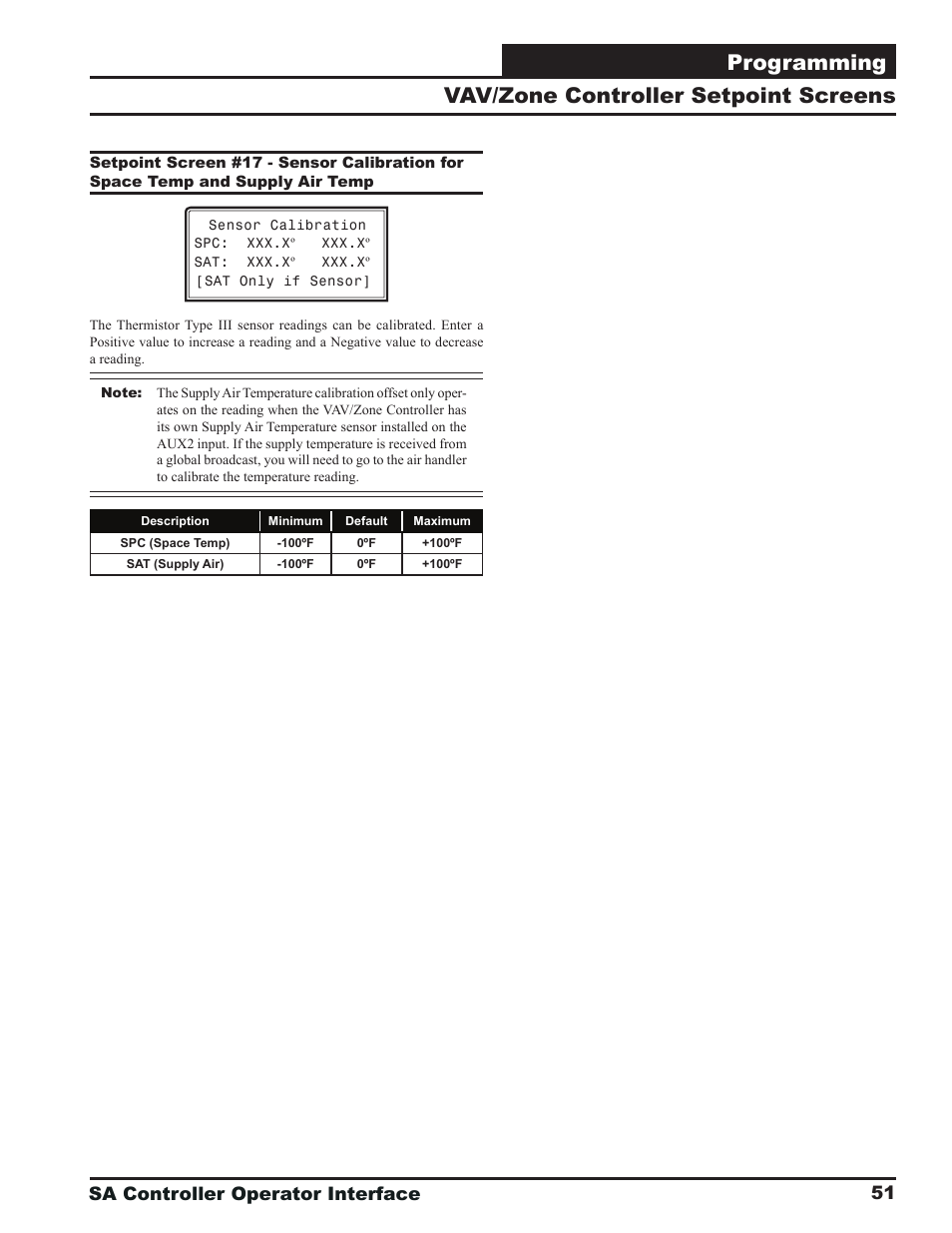 Programming, Vav/zone controller setpoint screens, Sa controller operator interface | Orion System SA Controller User Manual | Page 51 / 68