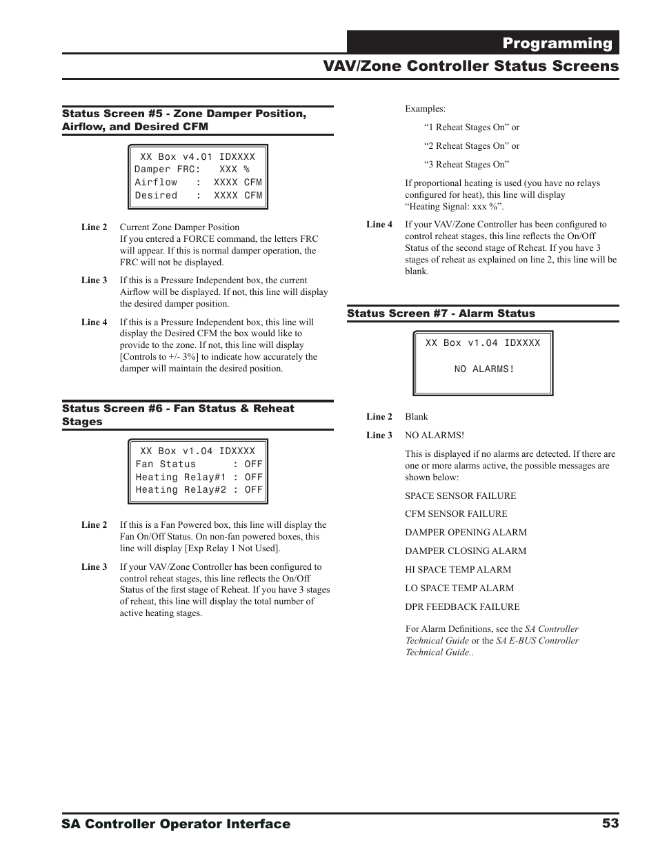 Programming, Vav/zone controller status screens, Sa controller operator interface | Orion System SA Controller User Manual | Page 53 / 68