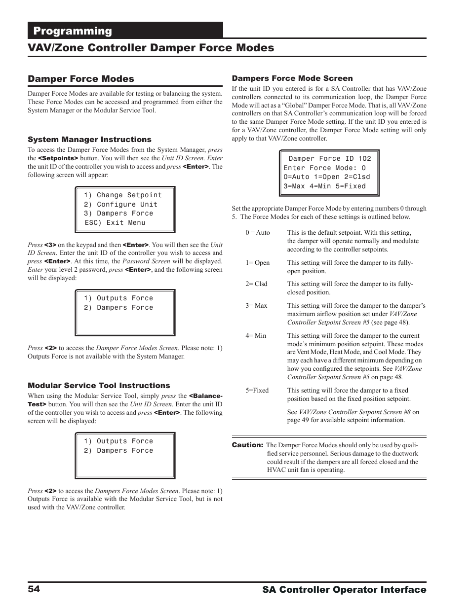 Programming, Vav/zone controller damper force modes | Orion System SA Controller User Manual | Page 54 / 68