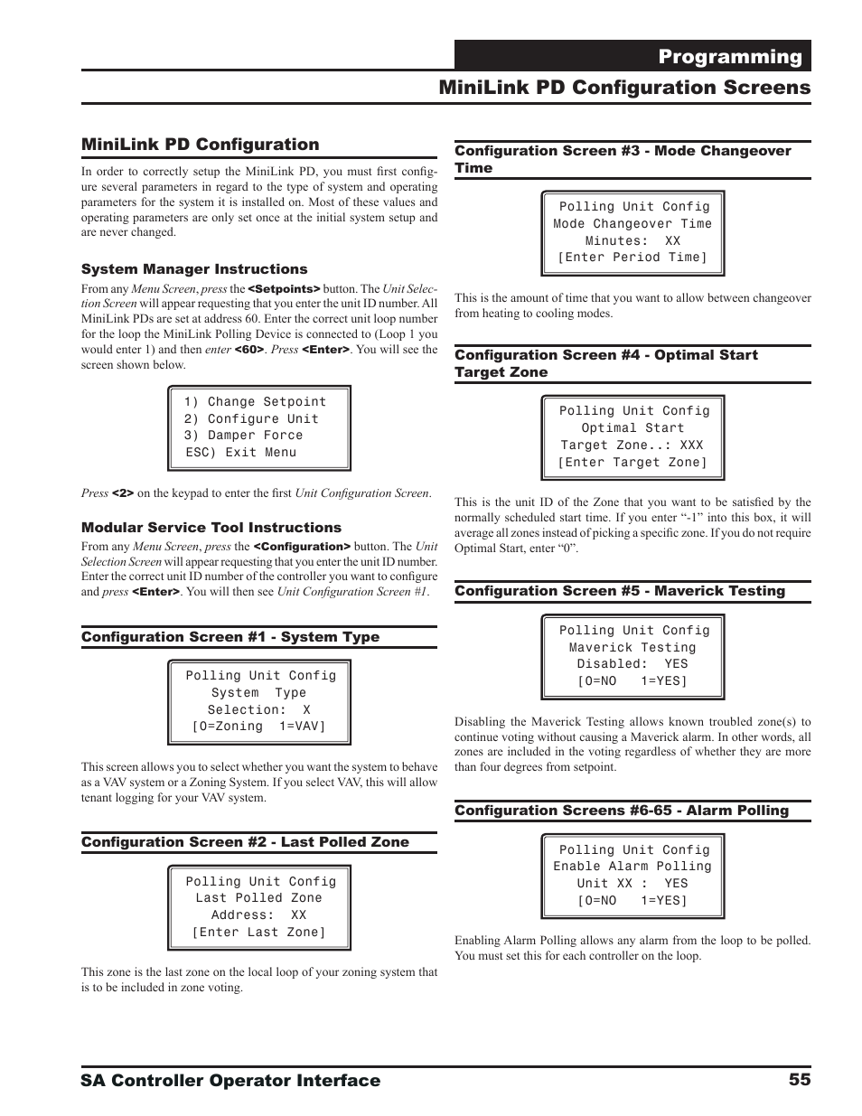 Programming, Minilink pd confi guration screens, Sa controller operator interface | Minilink pd confi guration | Orion System SA Controller User Manual | Page 55 / 68