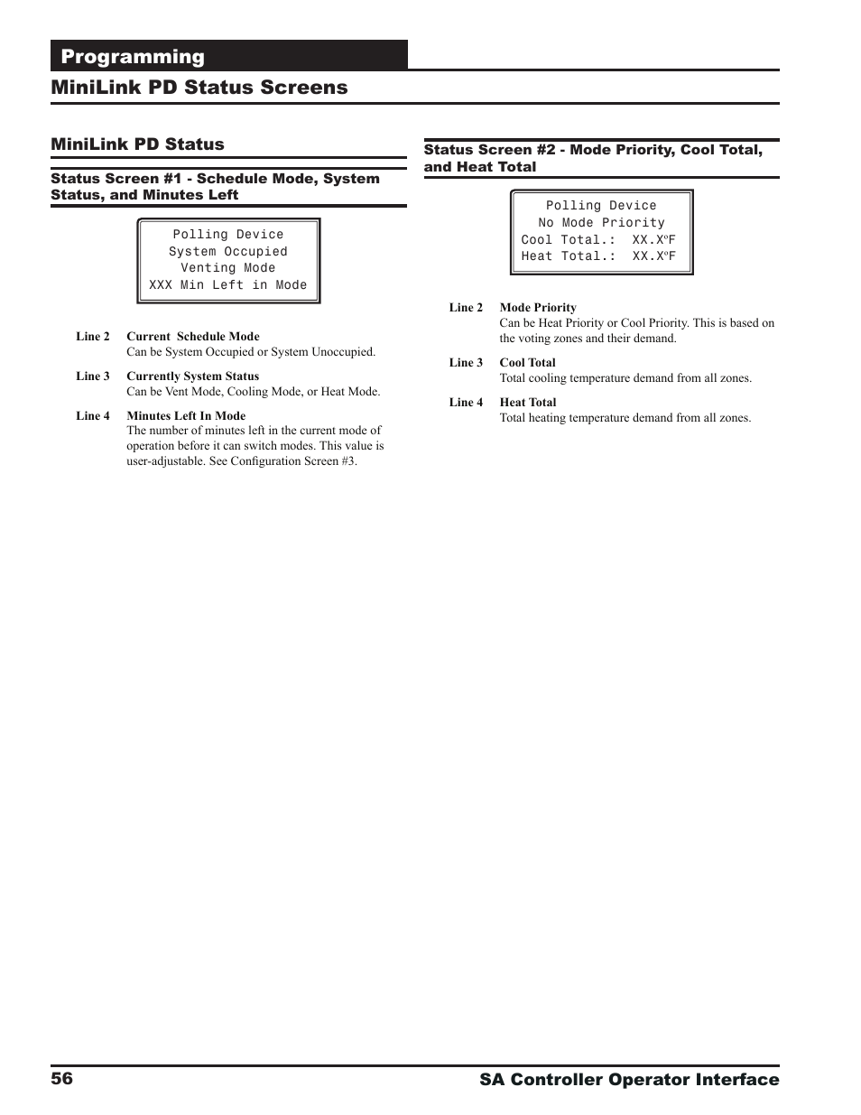 Programming, Minilink pd status screens | Orion System SA Controller User Manual | Page 56 / 68