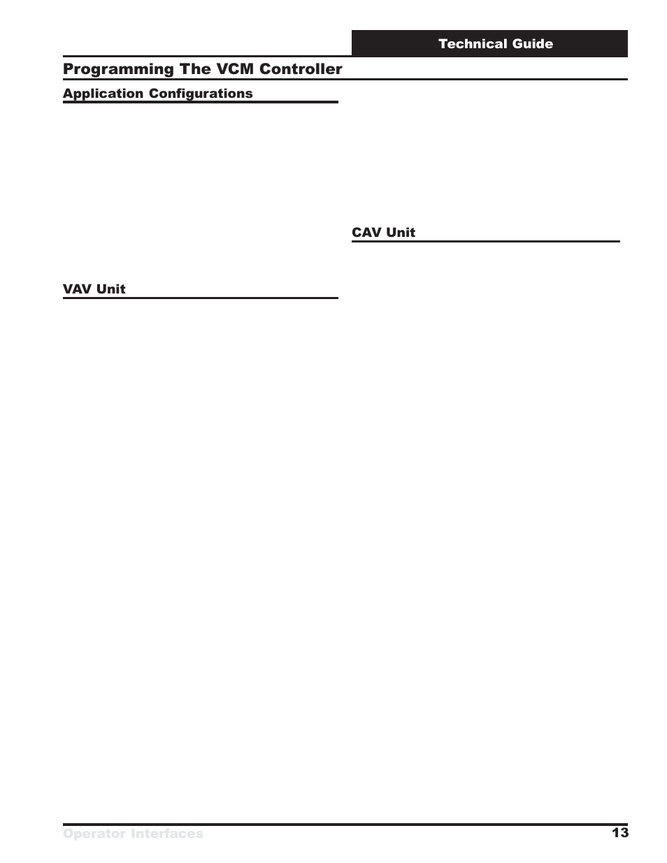 Programming the vcm controller, Operator interfaces technical guide 13, Application configurations | Vav unit, Cav unit | Orion System VCM User Manual | Page 13 / 52
