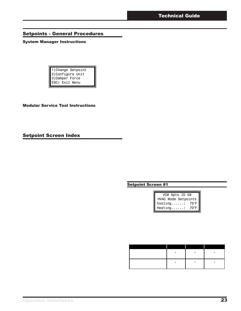 Operator interfaces technical guide 23, Setpoints - general procedures, Setpoint screen index | Orion System VCM User Manual | Page 23 / 52