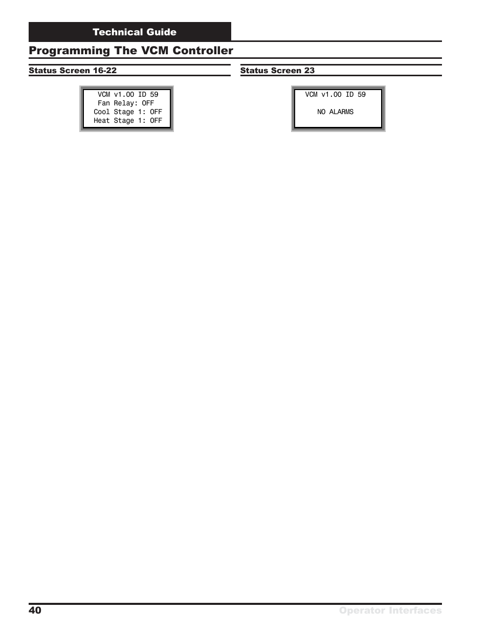 Programming the vcm controller, Technical guide operator interfaces 40 | Orion System VCM User Manual | Page 40 / 52