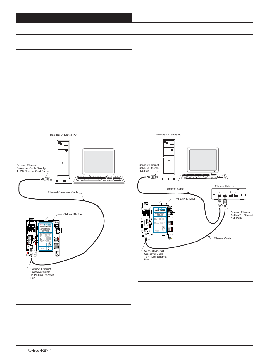 Pt-link ii ethernet connection, Pt-link ii bacnet, Figure 4: connecting with ethernet cable & hub | Figure 3: connecting with crossover cable | Orion System PT-Link II BACnet2 User Manual | Page 6 / 60