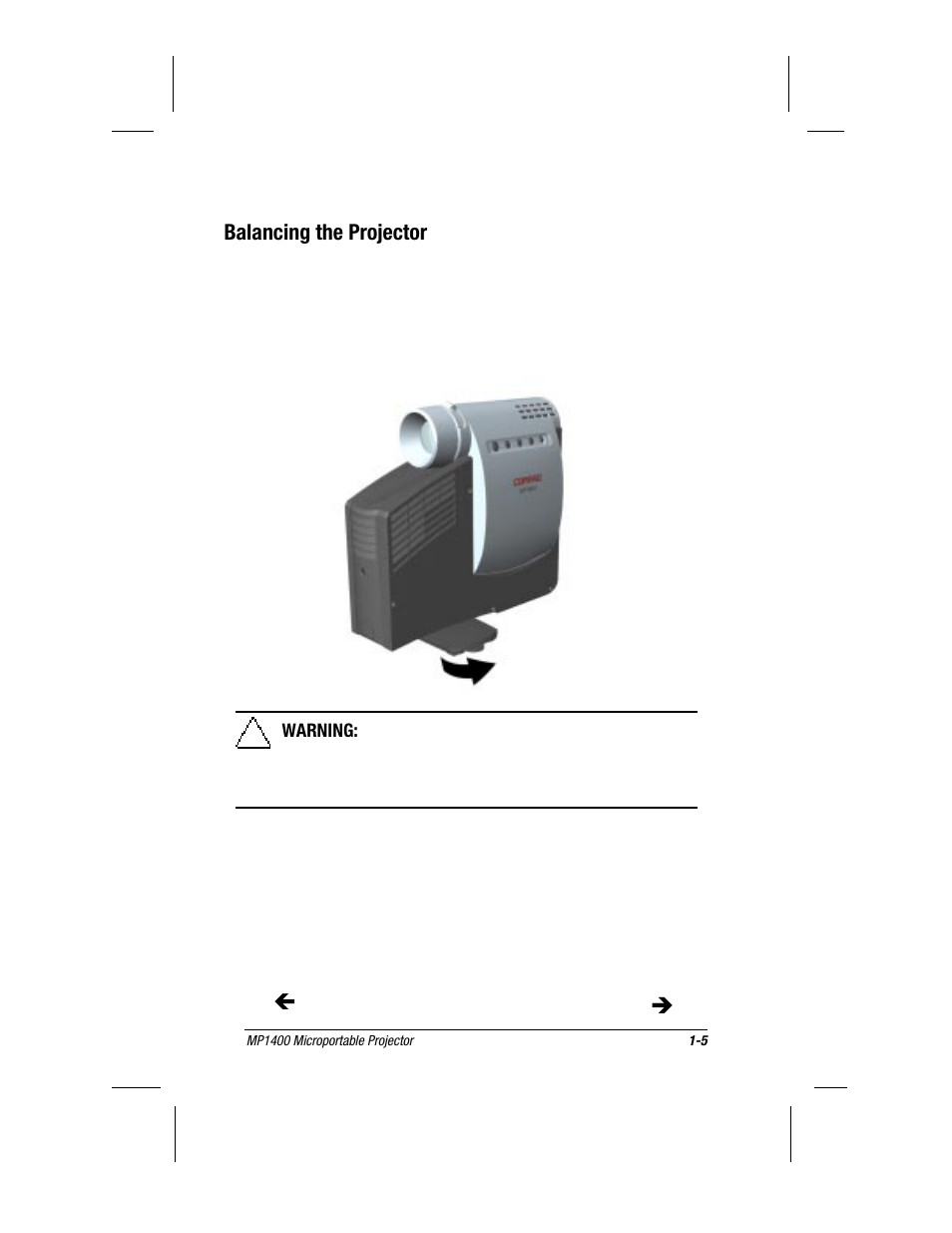 Balancing the projector | Compaq MP1400 User Manual | Page 12 / 69