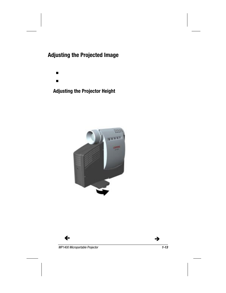 Adjusting the projected image, Adjusting the projector height | Compaq MP1400 User Manual | Page 20 / 69