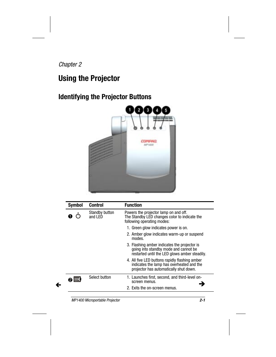 Chapter 2, Using the projector, Identifying the projector buttons | Compaq MP1400 User Manual | Page 26 / 69