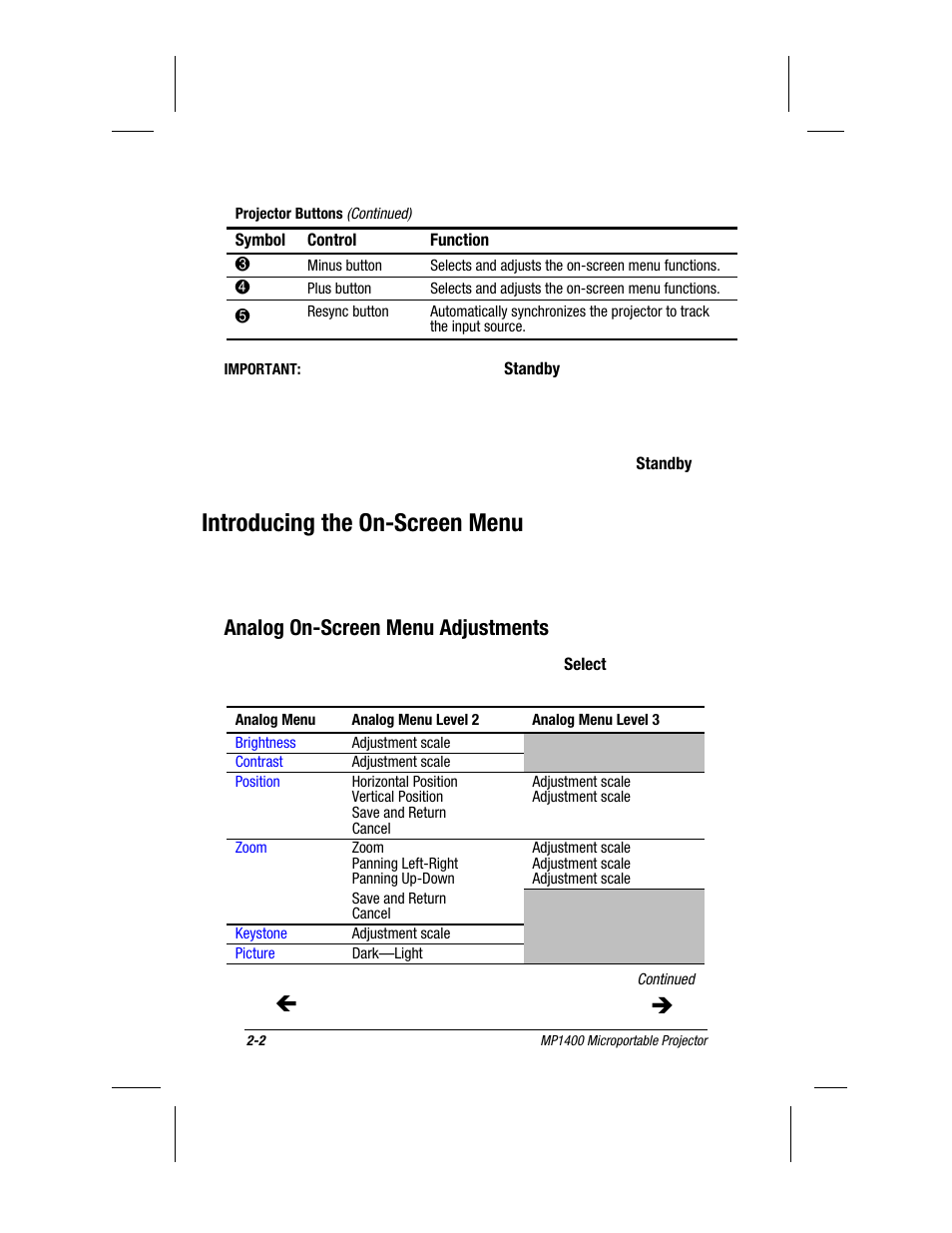 Introducing the on-screen menu, Analog on-screen menu adjustments, Synchronization and tracking (refer to the | Analog on-screen menu, Adjustments, Section in chapter 2) | Compaq MP1400 User Manual | Page 27 / 69