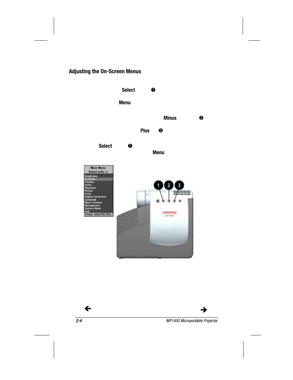 Adjusting the on-screen menus | Compaq MP1400 User Manual | Page 29 / 69