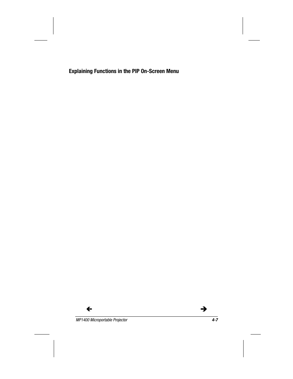 Explaining functions in the pip on-screen menu | Compaq MP1400 User Manual | Page 48 / 69