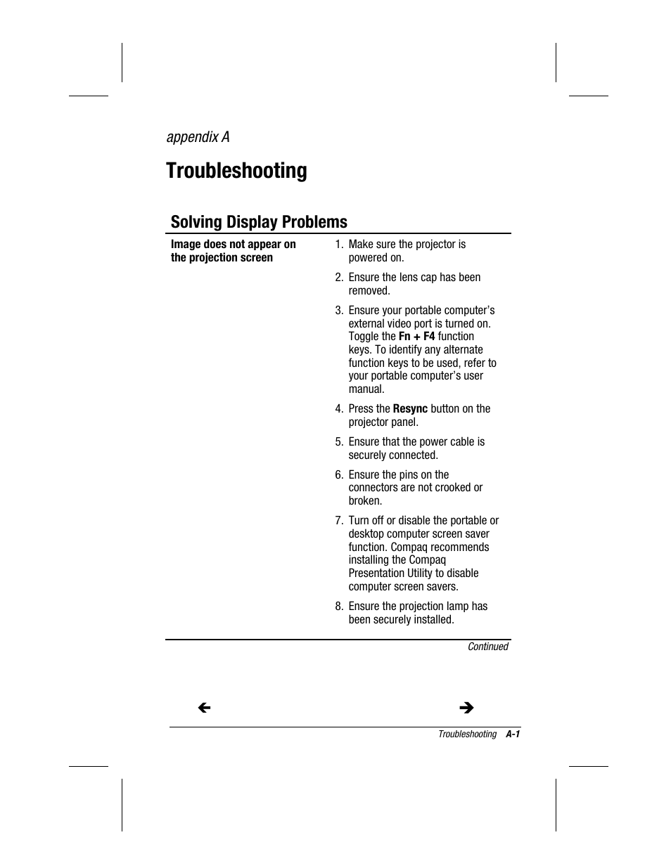 Appendix a, Troubleshooting, Solving display problems | Compaq MP1400 User Manual | Page 55 / 69
