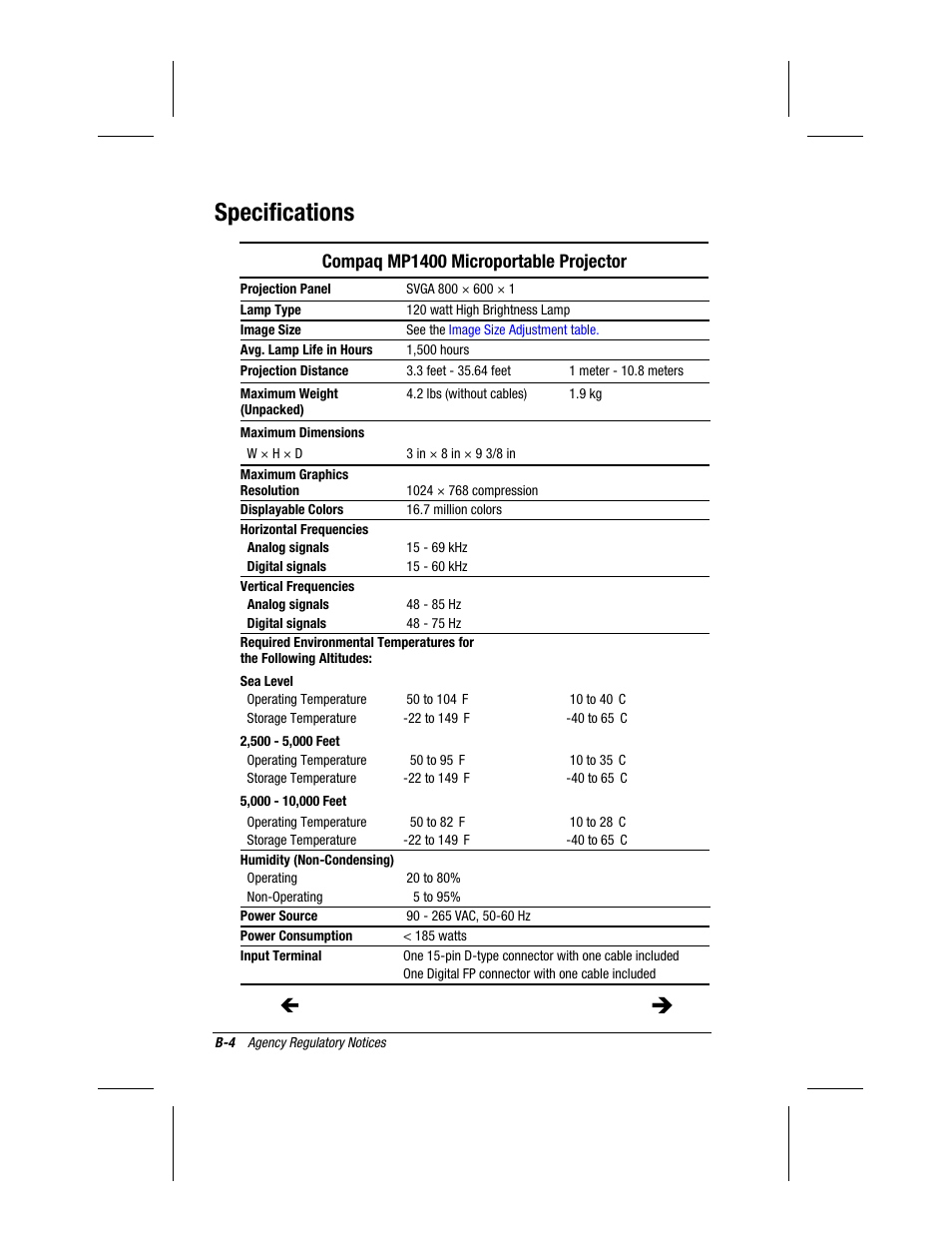 Specifications, Compaq mp1400 microportable projector | Compaq MP1400 User Manual | Page 64 / 69