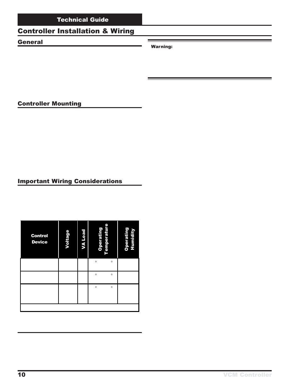 Controller installation & wiring, Technical guide vcm controller 10, General | Controller mounting, Important wiring considerations | Orion System VCM Controller User Manual | Page 10 / 60