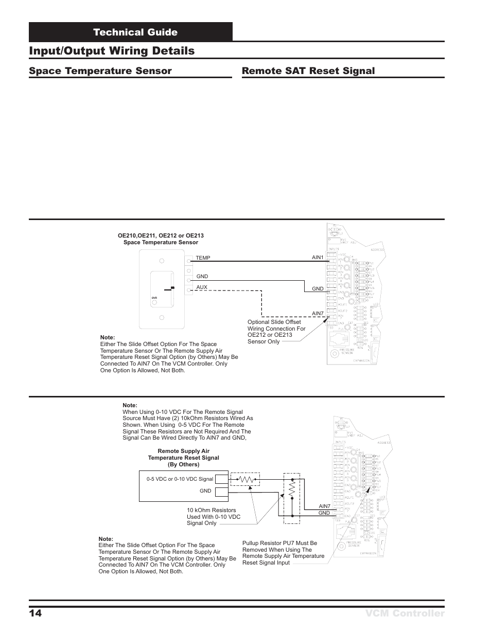 Input/output wiring details, Technical guide vcm controller 14, Space temperature sensor | Remote sat reset signal | Orion System VCM Controller User Manual | Page 14 / 60