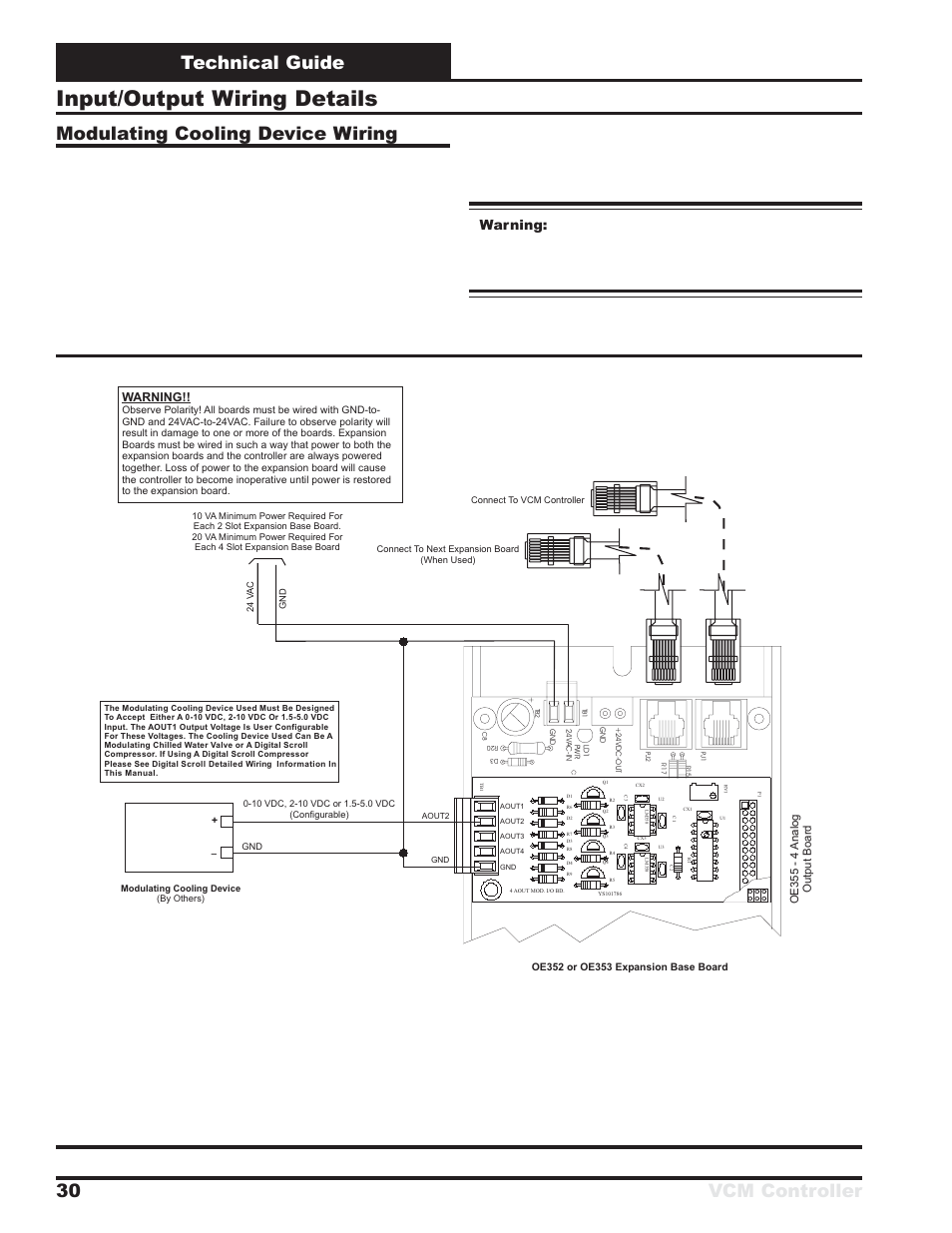 Input/output wiring details, Figure 27: modulating cooling device wiring, Warning | Orion System VCM Controller User Manual | Page 30 / 60