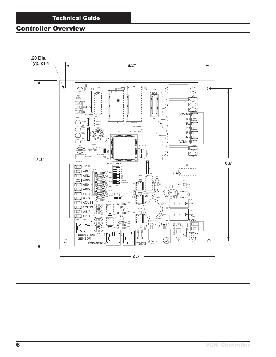 Controller overview, Technical guide vcm controller 6, Figure 1: vcm controller dimensions | Gnd 24vac, Expansion pressure sensor t'stat, Shld t | Orion System VCM Controller User Manual | Page 6 / 60