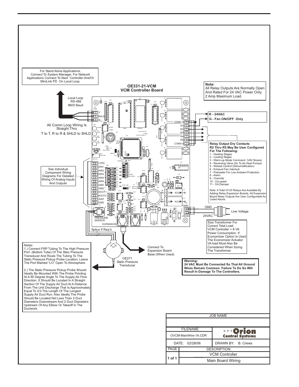 Vcm controller wiring, Component & system wiring 32, Vcm controller main board wiring | All comm loop wiring is straight thru, T to t, r to r & shld to shld, Ovcm-mainwire-1a.cdr, Line voltage | Orion System VCM Component User Manual | Page 32 / 96