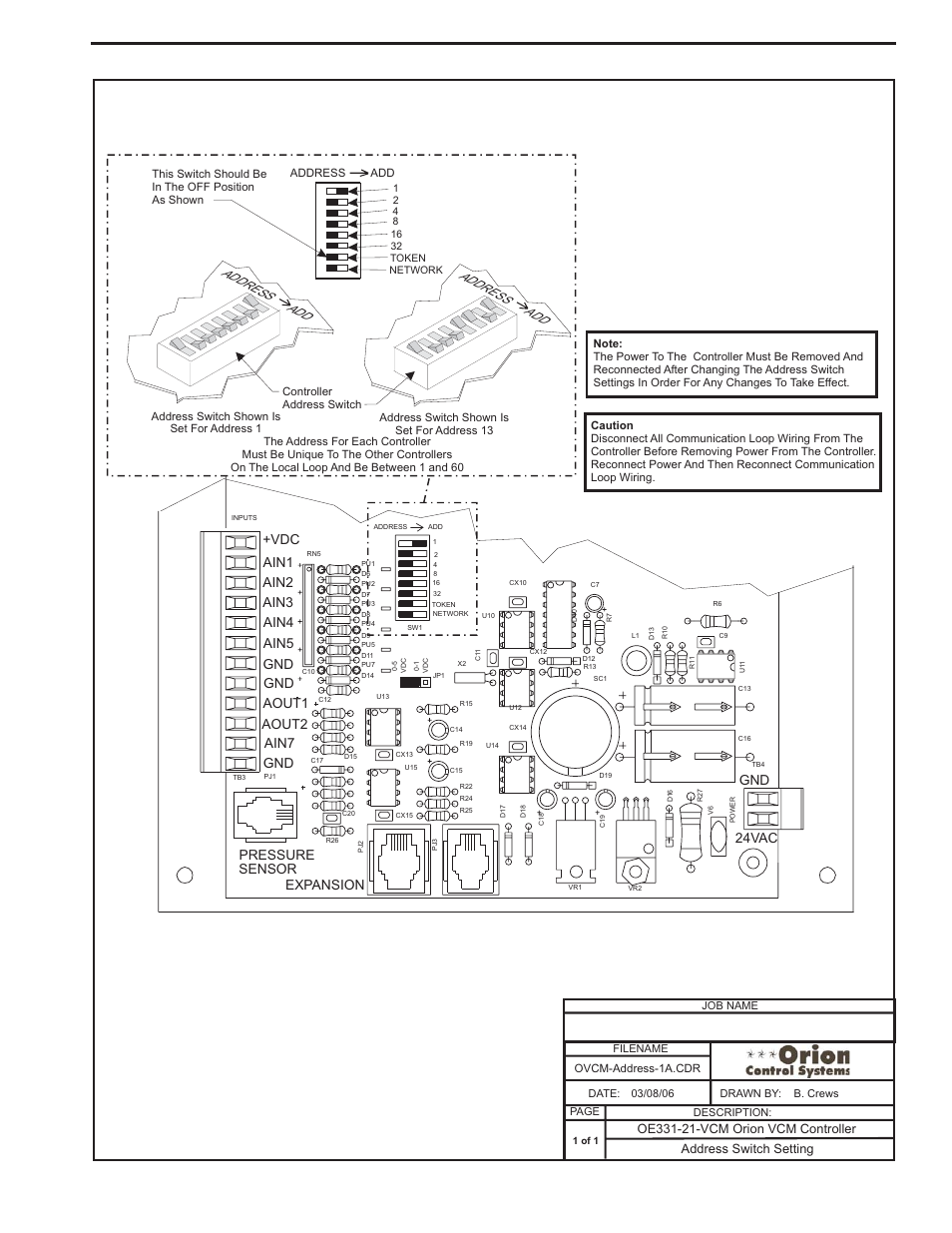 Vcm controller addressing, Component & system wiring 33, Gnd 24vac | Expansion pressure sensor, Address add address add | Orion System VCM Component User Manual | Page 33 / 96