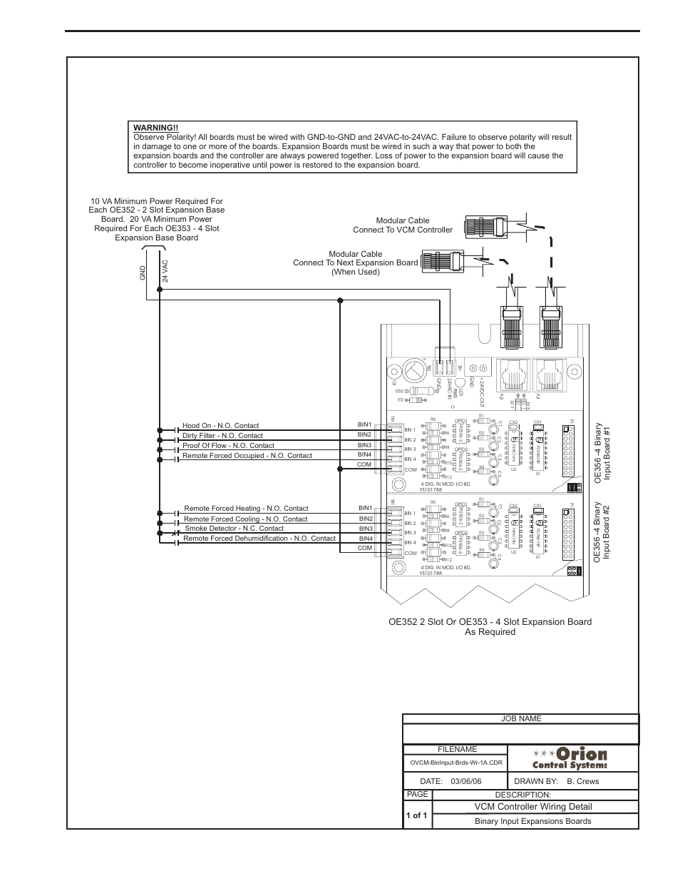 Binary input board wiring, Component & system wiring 41, Vcm controller wiring detail | Orion System VCM Component User Manual | Page 41 / 96