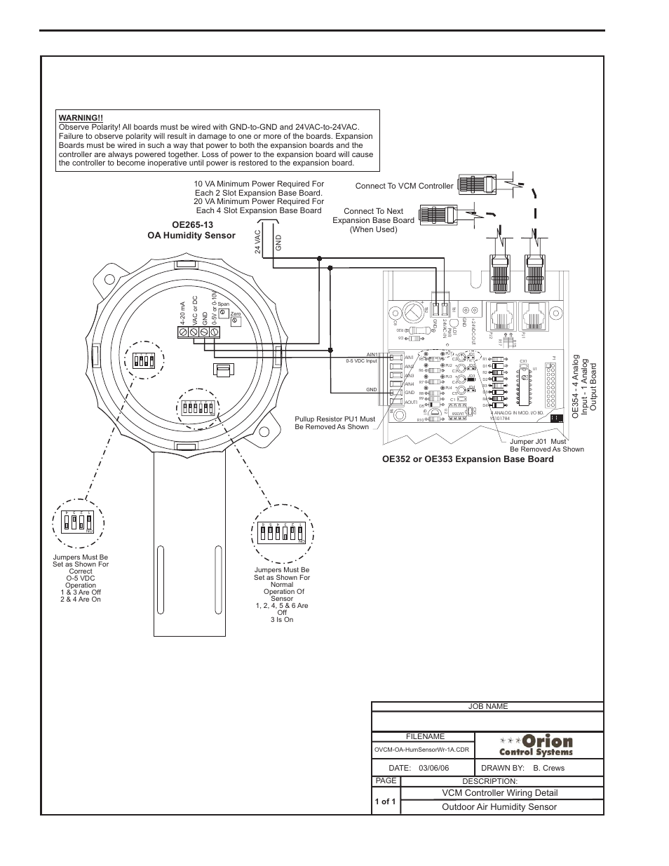 Outdoor humidity sensor wiring, Component & system wiring 42 | Orion System VCM Component User Manual | Page 42 / 96