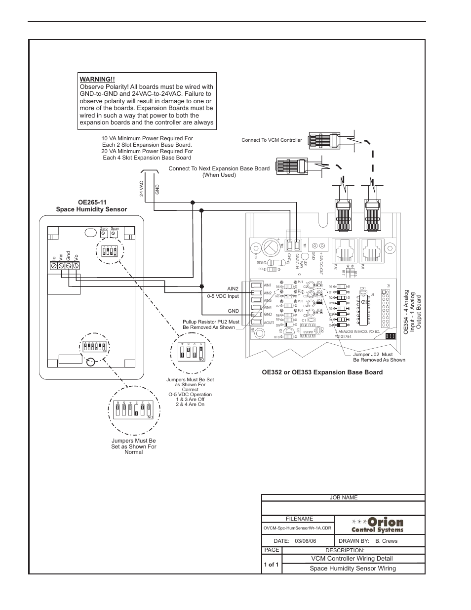 Indoor air humidity sensor wiring, Component & system wiring 44 | Orion System VCM Component User Manual | Page 44 / 96