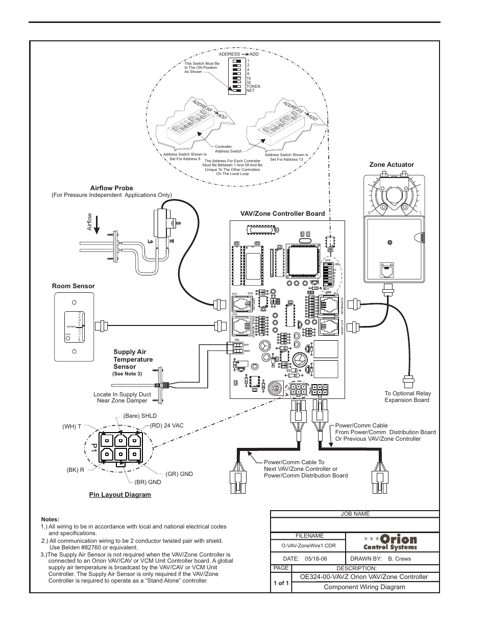 Vav/zone controller board wiring, Component & system wiring 52, Airflow probe | Component wiring diagram | Orion System VCM Component User Manual | Page 52 / 96
