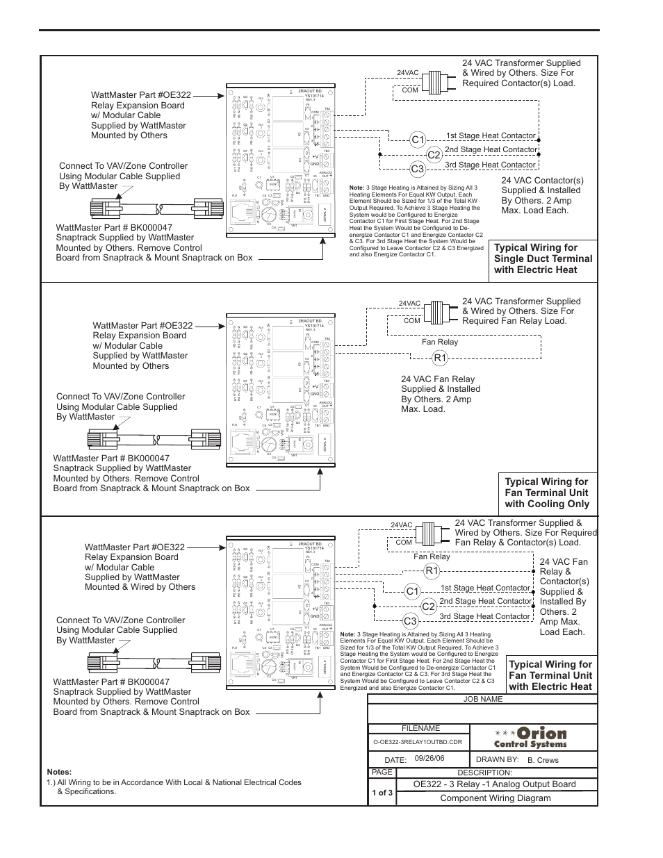 3 relay output expansion board wiring, Component & system wiring 54, Component wiring diagram | 1 of 3, Fan relay, 1st stage heat contactor, 24vac com | Orion System VCM Component User Manual | Page 54 / 96