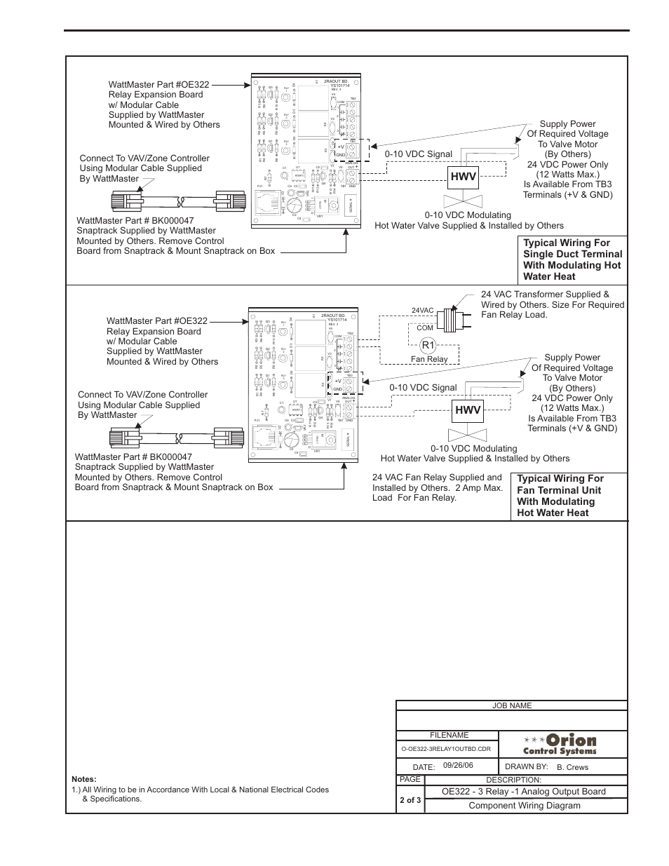 3 relay output expansion board wiring (cont’d), Component & system wiring 55, Component wiring diagram | Job name, 2 of 3, Fan relay, 24vac com | Orion System VCM Component User Manual | Page 55 / 96