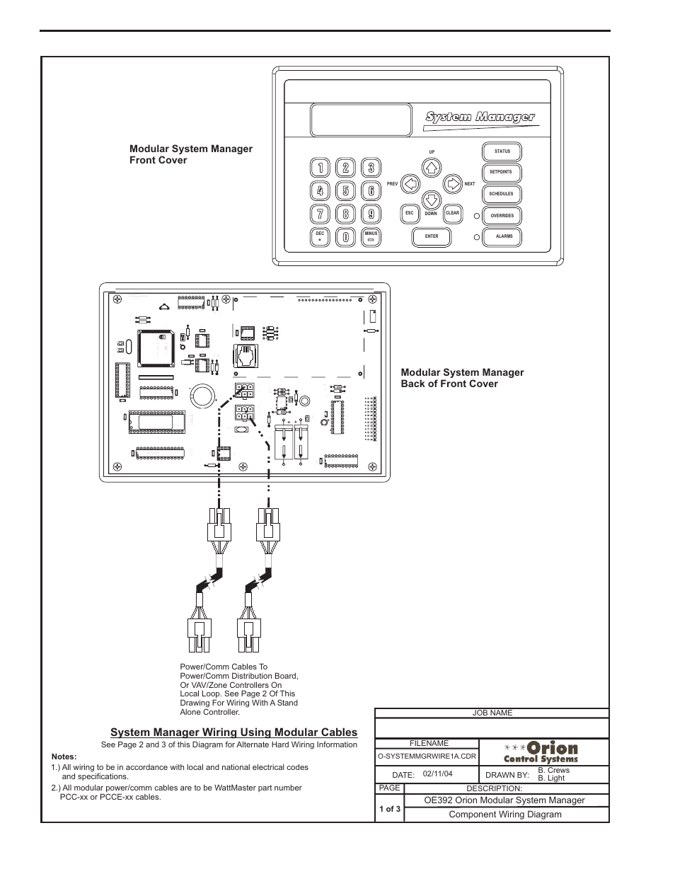 System manager modular cable connections, Component & system wiring 58, System manager wiring using modular cables | Philipsphilips, Component wiring diagram, Oe392 orion modular system manager, Job name, 1 of 3, O-systemmgrwire1a.cdr | Orion System VCM Component User Manual | Page 58 / 96