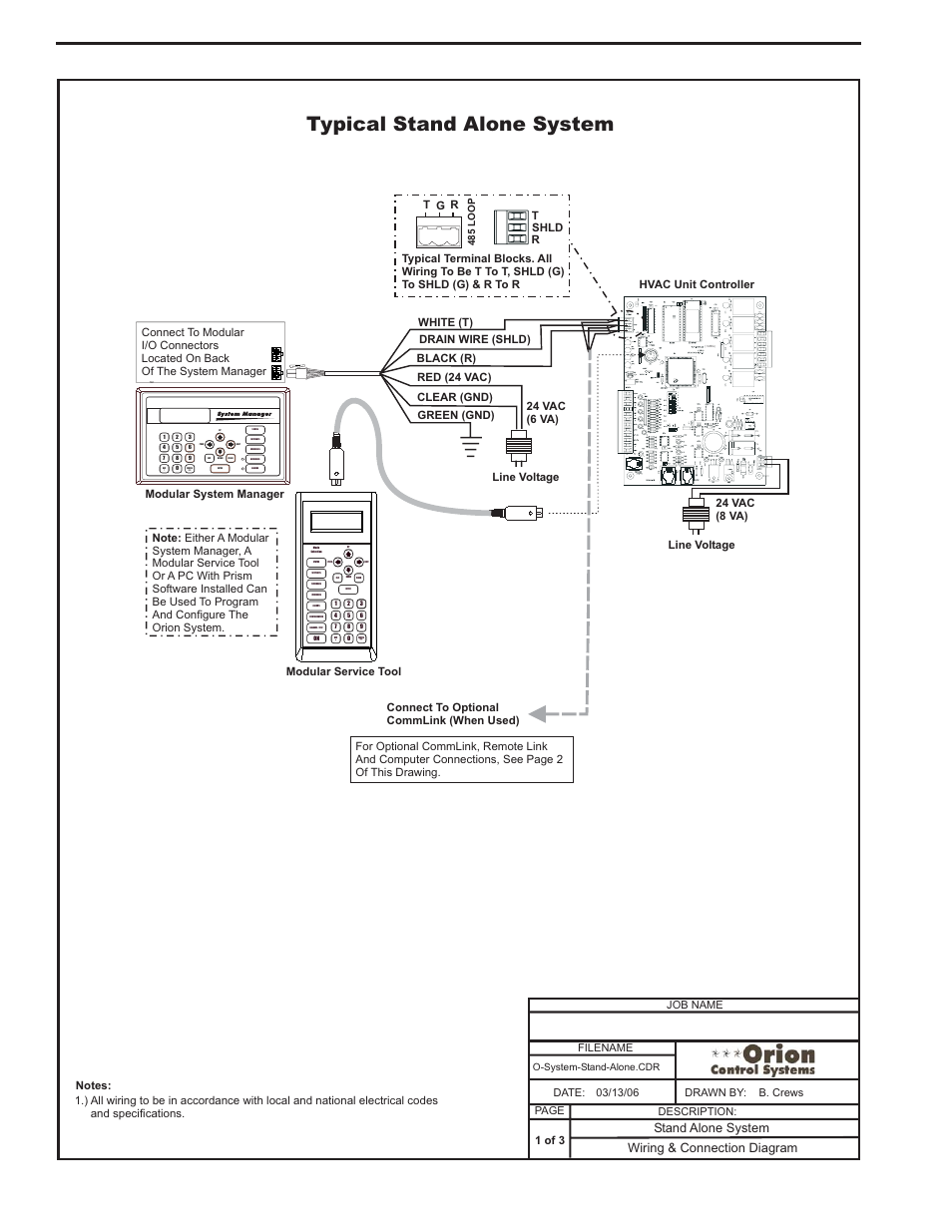 Stand alone system wiring, Typical stand alone system, Component & system wiring 6 | Wiring & connection diagram, Stand alone system, Filename date: b. crews description: page drawn by | Orion System VCM Component User Manual | Page 6 / 96
