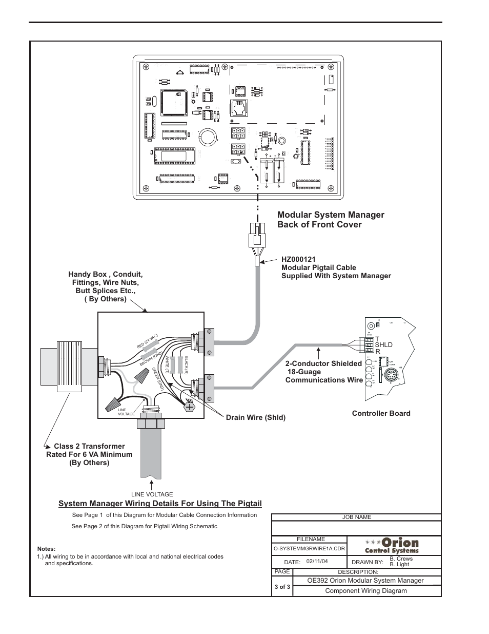 Component & system wiring 60, Modular system manager back of front cover, Philipsphilips | Drain wire (shld), Conductor shielded 18-guage communications wire, Component wiring diagram, Oe392 orion modular system manager, Tshld r, Job name, 3 of 3 | Orion System VCM Component User Manual | Page 60 / 96