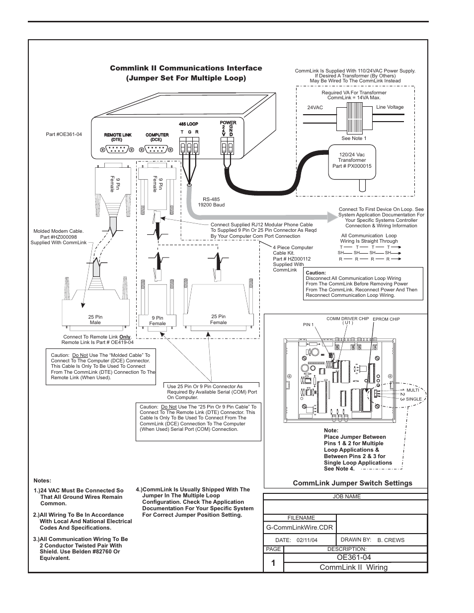 Commlink ii wiring & cabling connections, Component & system wiring 62, Commlink ii wiring | Commlink jumper switch settings | Orion System VCM Component User Manual | Page 62 / 96