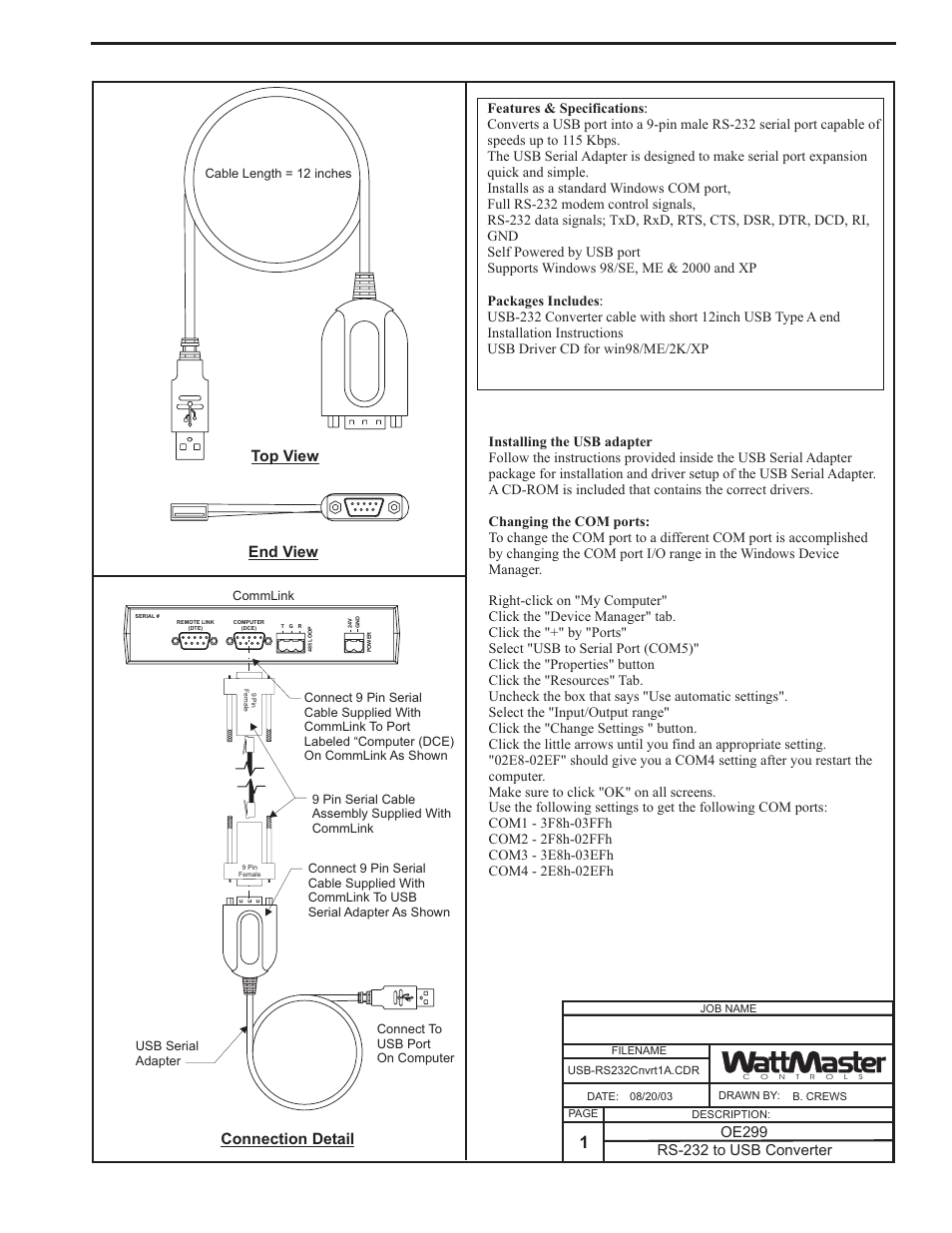 Rs-232 serial port to usb port converter, Component & system wiring 67, Top view end view connection detail | Orion System VCM Component User Manual | Page 67 / 96