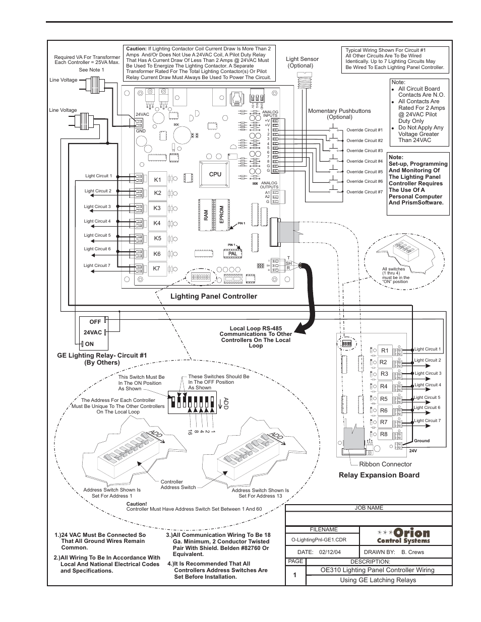 Lighting panel wiring for ge, Latching relay lighting contactors, Component & system wiring 71 | Relay expansion board, Lighting panel controller | Orion System VCM Component User Manual | Page 71 / 96