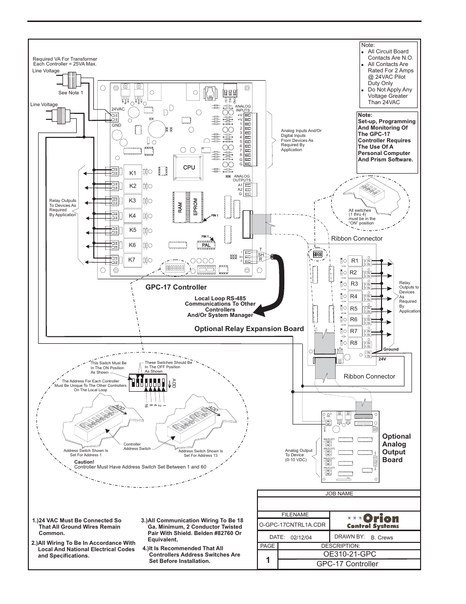 Gpc-17 controller wiring, Component & system wiring 72, Optional analog output board | Gpc-17 controller, Optional relay expansion board, Ribbon connector | Orion System VCM Component User Manual | Page 72 / 96