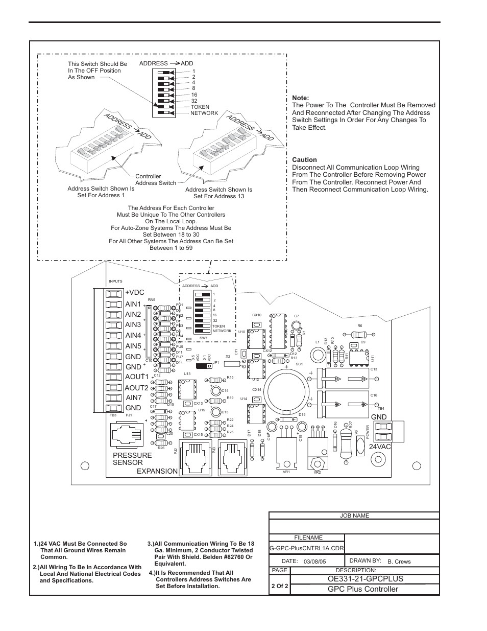 Gpc plus controller - address switch setting, Component & system wiring 74, Gpc plus controller | Gnd 24vac, Expansion pressure sensor, Address add address add | Orion System VCM Component User Manual | Page 74 / 96