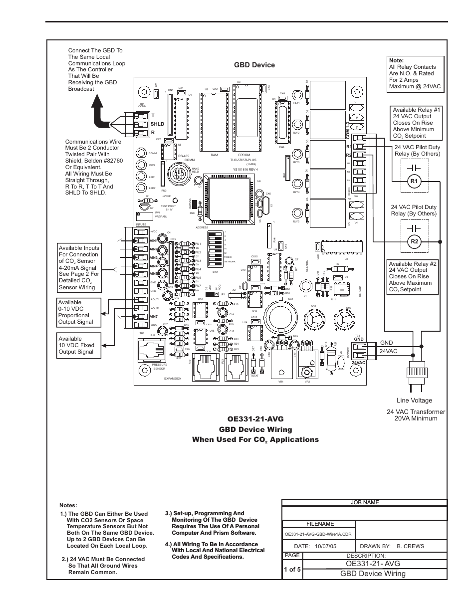 Gbd controller - co2 apllications wiring, Component & system wiring 75, Gbd device wiring | Gbd device, 1 of 5, Line voltage 24 vac transformer 20va minimum, Filename date: b. crews description: page drawn by, 24vac, Co sensor wiring, 24 vac pilot duty relay (by others) | Orion System VCM Component User Manual | Page 75 / 96