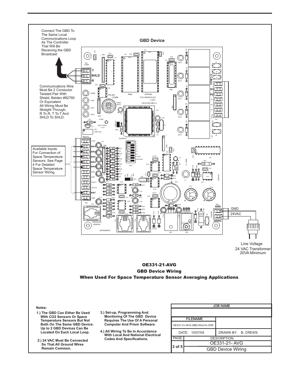 Component & system wiring 77, Gbd device wiring, 3 of 5 | Line voltage 24 vac transformer 20va minimum, Filename date: b. crews description: page drawn by, Job name filename job name, 24vac, Rshld t | Orion System VCM Component User Manual | Page 77 / 96