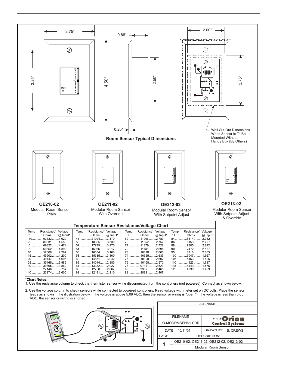 Modular room sensor wiring, Component & system wiring 82, Temperature sensor resistance/voltage chart | Room sensor typical dimensions | Orion System VCM Component User Manual | Page 82 / 96