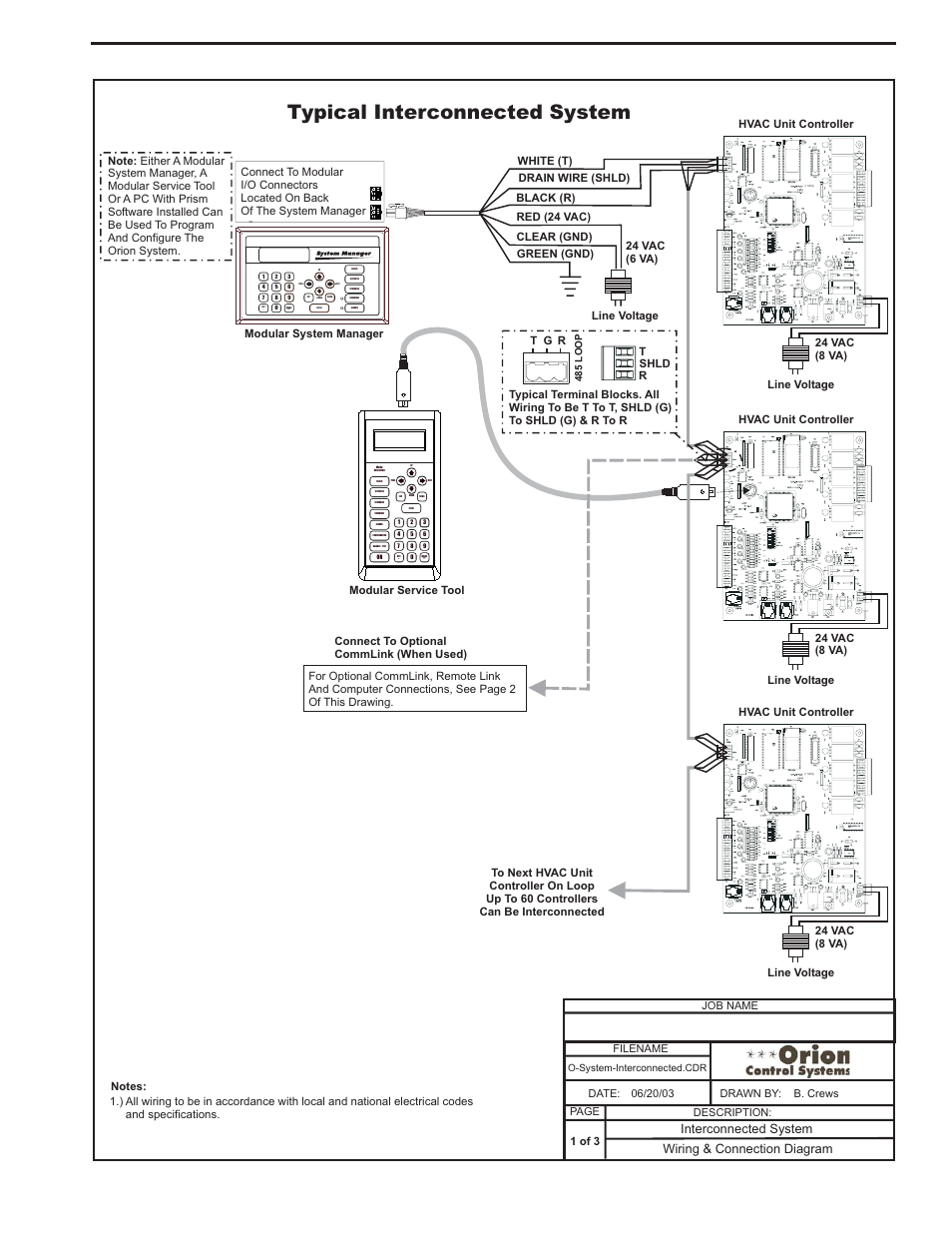 Interconnected system wiring, Typical interconnected system, Component & system wiring 9 | Wiring & connection diagram, Interconnected system, 1 of 3, Line voltage hvac unit controller 24 vac (8 va) | Orion System VCM Component User Manual | Page 9 / 96