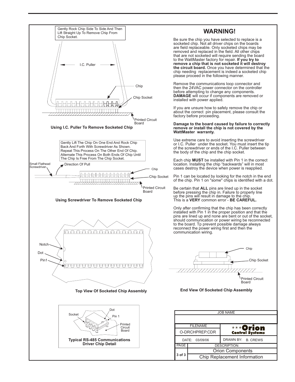 Chip installation procedures, Warning, Component & system wiring 93 | Orion System VCM Component User Manual | Page 93 / 96