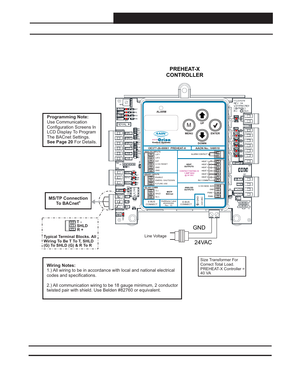 Appendix b, Preheat-x bacnet, Connection to ms/tp network | Preheat-x technical guide, 24vac gnd, Preheat-x controller, Ms/tp connection to bacnet | Orion System PREHEAT-X User Manual | Page 25 / 28