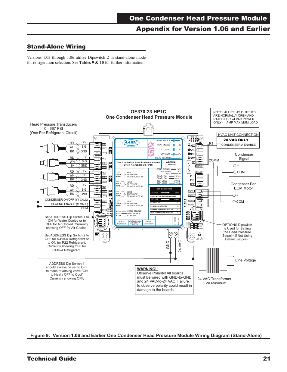 One condenser head pressure module, Appendix for version 1.06 and earlier, Technical guide | Stand-alone wiring, Condenser fan ecm motor, Condenser signal | Orion System One Condenser Head Pressure Module User Manual | Page 21 / 24