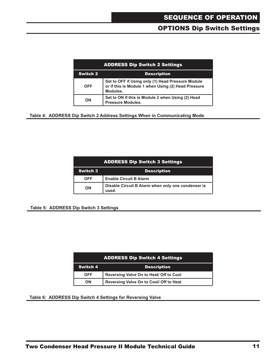Sequence of operation, Options dip switch settings | Orion System Two Condenser Head Pressure II Module User Manual | Page 11 / 16