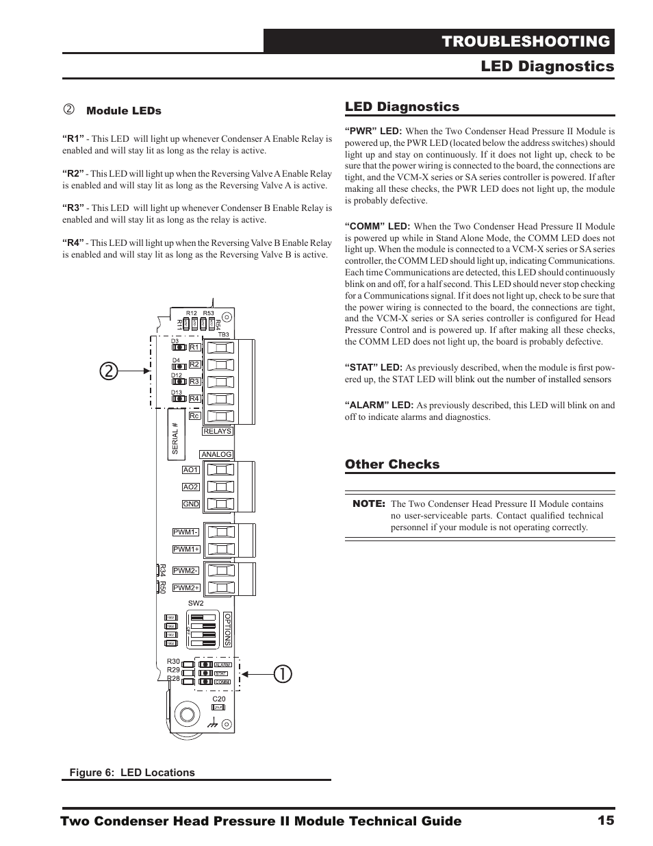 Troubleshooting, Led diagnostics | Orion System Two Condenser Head Pressure II Module User Manual | Page 15 / 16