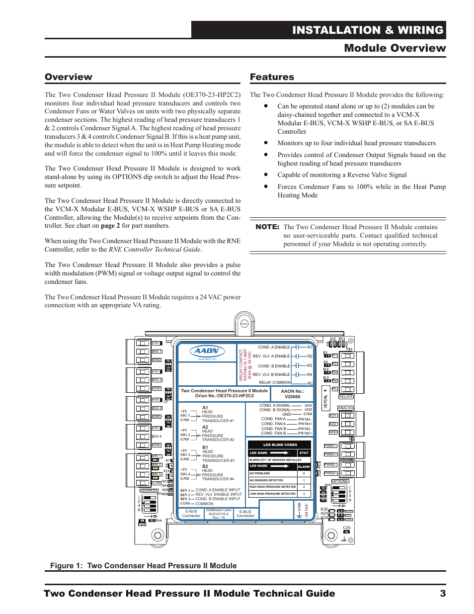 Installation & wiring, Module overview, 3overview | Features, Figure 1: two condenser head pressure ii module, Capable of monitoring a reverse valve signal | Orion System Two Condenser Head Pressure II Module User Manual | Page 3 / 16