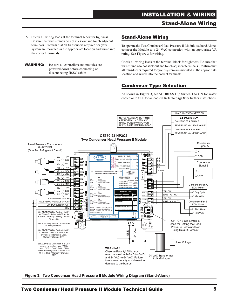 Installation & wiring, Stand-alone wiring, Condenser type selection | Condenser signal b, Condenser signal a | Orion System Two Condenser Head Pressure II Module User Manual | Page 5 / 16